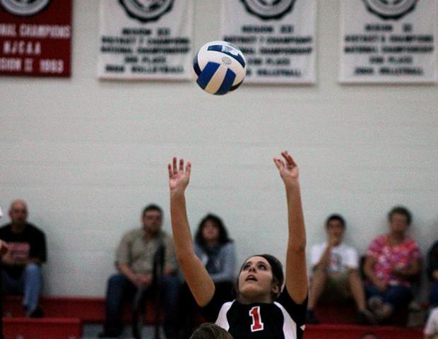 Ciarra Wirick produced a season-high 35 assists, nine digs, three blocks, a team-high three aces and three kills in tonight's four-set loss to Sinclair. Photo by Nicholas Huenefeld/Owens Sports Information