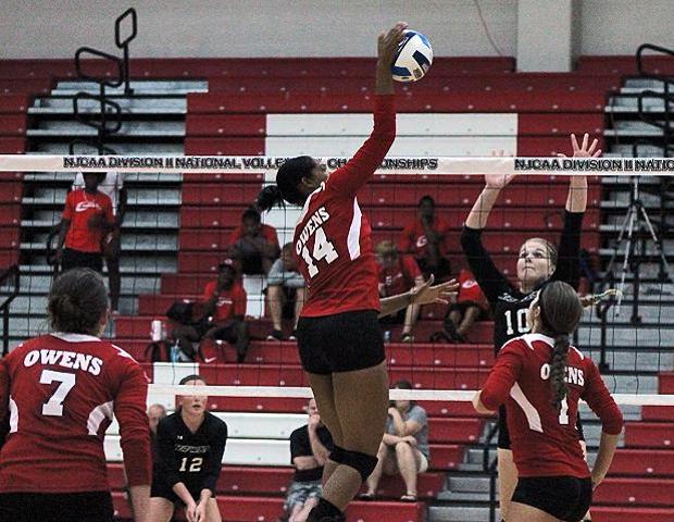 Jazmine Thomas, pictured here attempting a kill shot against Hagerstown C.C. last year, has signed with NCAA Division II University of Arkansas at Monticello. Photo by Nicholas Huenefeld/Owens Sports Information