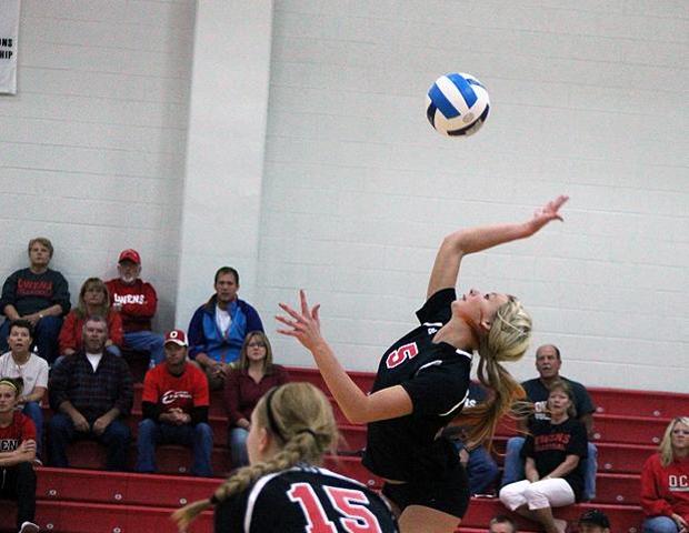 Jessica Cooper, pictured here, had 12 assists in the loss to No. 15 Columbus State. Photo by Nicholas Huenefeld/Owens Sports Information