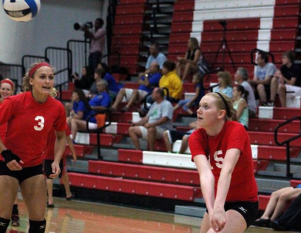 Sara Turner-Smith, pictured here on the right, tied for the team-high in kills (7) today. Photo by Nicholas Huenefeld/Owens Sports Information