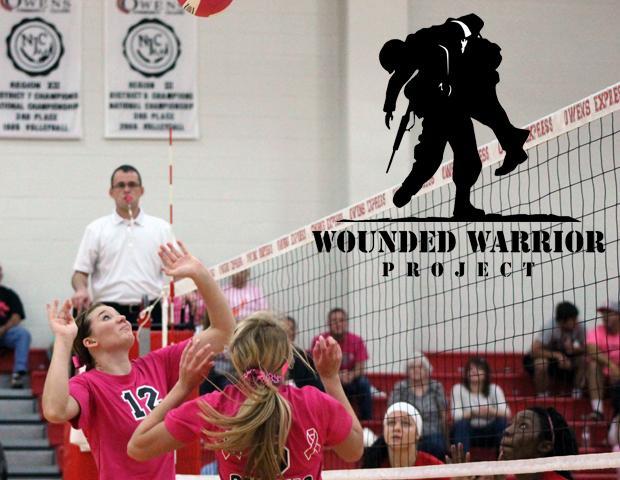 Jessica Cooper sets the ball for Kayla Siefker during the Express volleyball program's "Dig Pink" match against Cuyahoga Community College earlier this year. All proceeds from the event were donated to the Wounded Warrior Project. Photo by Nicholas Huenefeld/Owens Sports Information
