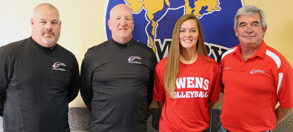 Angstmann is pictured here with the Owens volleyball coaching staff. Photo by Nicholas Huenefeld/Owens Sports Information
